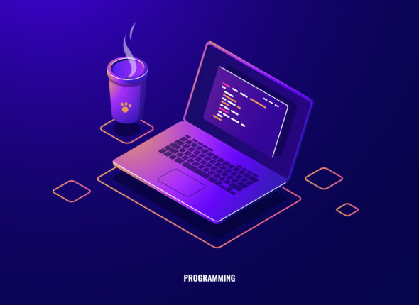 Laptop with program code isometric icon, software development and programming applications dark neon